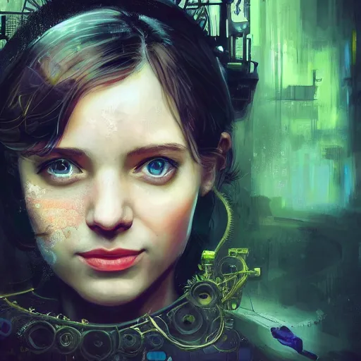 Prompt: close up portrait of a young female as sherlock Holmes with straight hair has an epic idea, pixar style, stylized face, intricate detail, digital painting, gears, watches, steampunk, glowing eye, biomechanical, trash polka, raining, faded green, particles floating, industrial background by marc simonetti + wlop, artwork by ross tran + ramond swanland + liam wong +mike winklemann + wlop