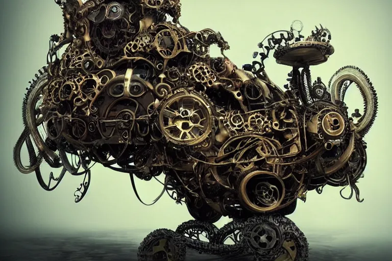 Image similar to biomechanical shiny steampunk vehicle reminiscent of bugatti chiron with (glowing) lights and octopus tentacles parked in ancient mystic woods, gothic and baroque, brutalist architecture, ultradetailed, creepy ambiance, fog, artgerm, giger, Intricate by Ellen Jewett and Josan Gonzalez and Giuseppe Arcimboldo