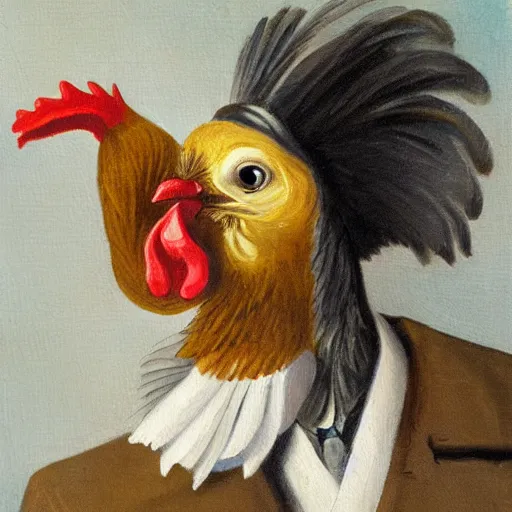 Prompt: a chicken butler with a fancy mustache and a monocle, highly detail, oil painting , accurate anatomy,