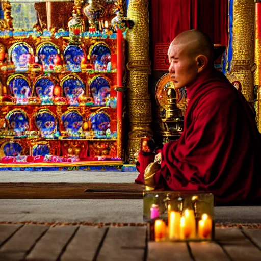 Image similar to portrait of a tibetan monk praying to a candlelit altar inside a tibetan temple, photography