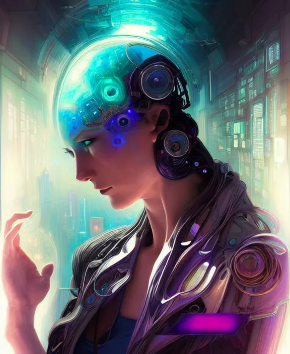 Image similar to a whirlwind of souls rushing inside the metaverse, hologram, half body, neurochip, shaved temple, piercing, jewelry, android, cyborg, cyberpunk face, by loish, d & d, fantasy, intricate, elegant, highly detailed, colorful, digital painting, artstation, concept art, art by artgerm and greg rutkowski and alphonse mucha