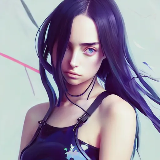 Image similar to a beautiful young anime protagonist billie eilish natalie portman alluring instagram model in elaborate latex tank top, by guweiz and wlop and ilya kuvshinov and artgerm symmetrical eyes, aesthetic, gorgeous, stunning, alluring, attractive, artstation, deviantart, pinterest, digital art