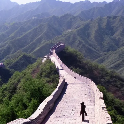 Prompt: A clay figure walks on the Great Wall of China