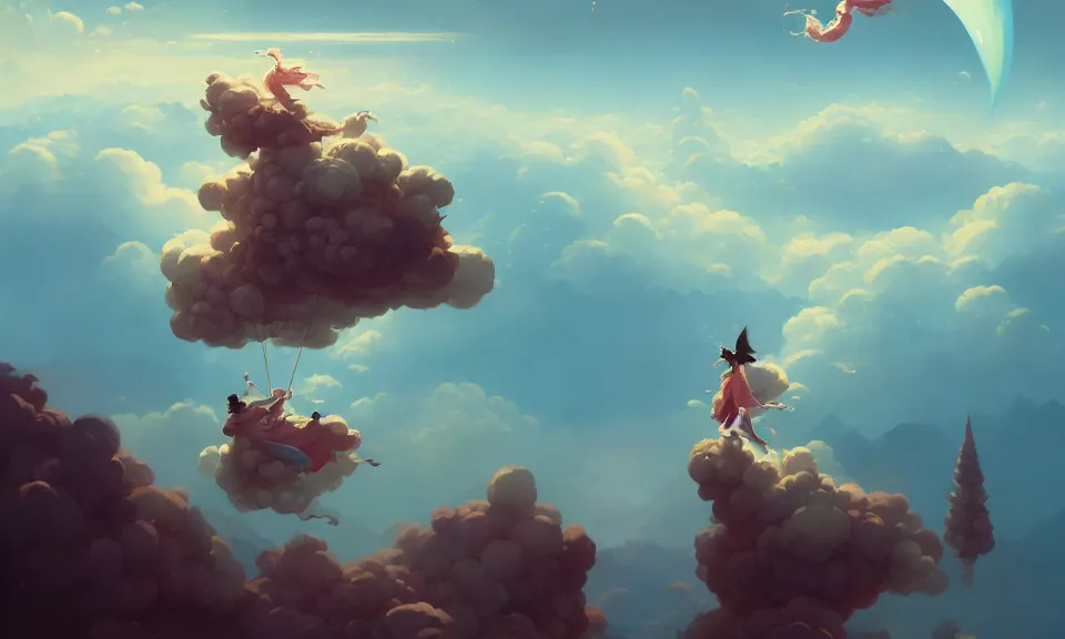 Image similar to happiness and friendship, floating high in the clouds, by peter mohrbacher, victo ngai, greg rutkowski, artgerm, volumetric lighting, intricate, environmental lighting, 4 k