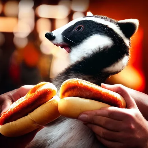 Prompt: photo of a badger eating a hot dog, dynamic lighting, high contrast