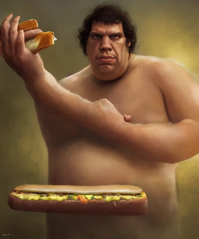 Prompt: andre the giant, cinematic, in a bathtub, holding a footlong sub sandwich, elegant, highly detailed, digital painting, artstation, smooth, hard focus, illustration, art by jessica rossier and and brian froud