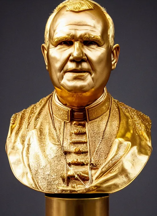 Prompt: melting gold bust of pope john paul ii by andy wahrol, the face is melting with drips of molten metal falling like lava, ground angle, uhd 8 k, sharp focus