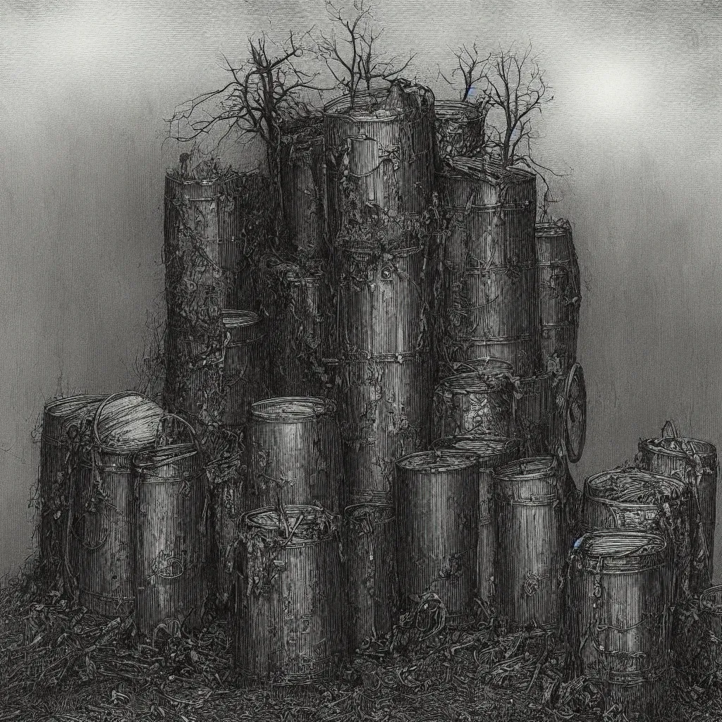 Image similar to steel barrels in a graveyard, creepy atmosphere, dark, portrait, realistic, very realistic, illustration by gustave dore