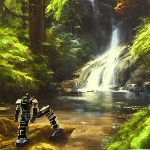 Image similar to Samurai robot resting in front of a waterfall inside a forest, oil painting, by Greg Rutkowski