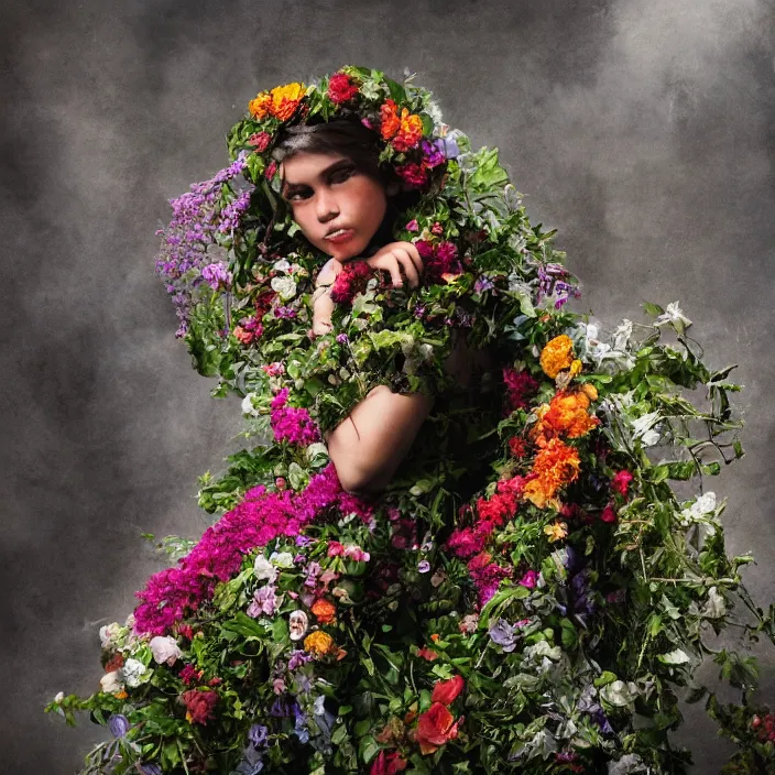 Image similar to a chimera wearing a cloak made of flowers, by Omar Z. Robles, CANON Eos C300, ƒ1.8, 35mm, 8K, medium-format print