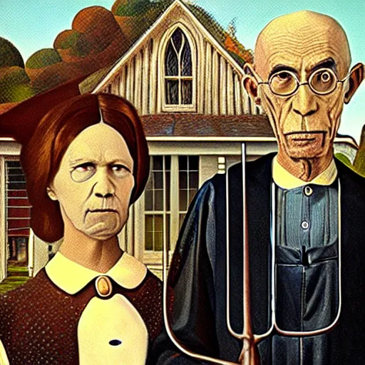 Prompt: a witch and a wizard in the style of american gothic, concept art, highly detailed