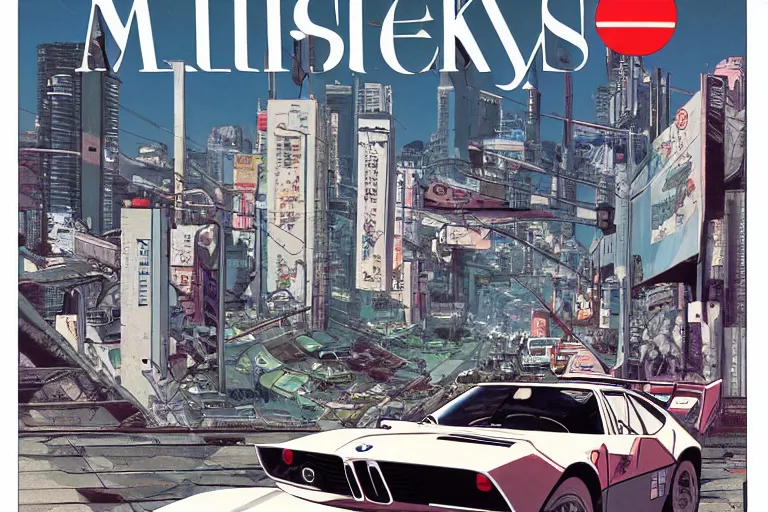 Prompt: 1969 Popular Science Magazine Cover BMW M1 Stratos, city in anime cyberpunk style by Hayao Miyazaki