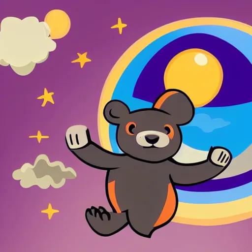 Image similar to cartoon illustration of a bear mascot being launched from a futuristic marble planet, purple and orange cloudland