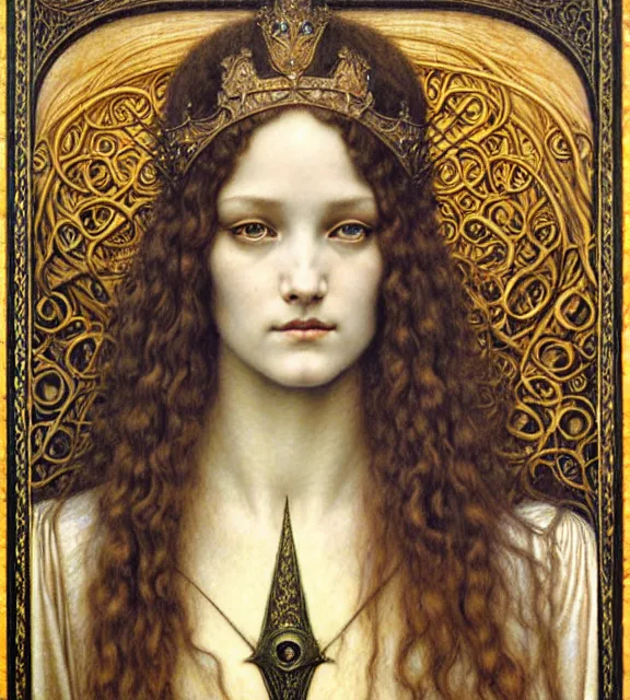 Image similar to detailed realistic beautiful young medieval queen face portrait by jean delville, gustave dore and marco mazzoni, art nouveau, symbolist, visionary, gothic, pre - raphaelite. horizontal symmetry