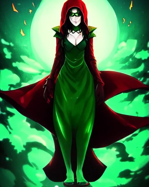 Prompt: artgerm, eiichiro oda, pixiv, concept art, digital painting, cinematics lighting, beautiful Anna Kendrick supervillain Enchantress, green dress with a black hood, angry, symmetrical face, Symmetrical eyes, full body, flying in the air over city, night time, red mood in background