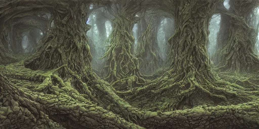 Prompt: artwork by john howe of a forest of grim catalpas