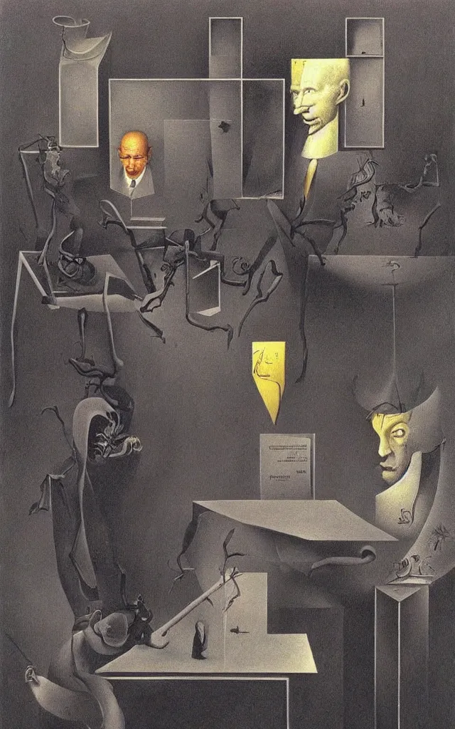 Image similar to kafkaesque bureaucracy, benjamin netanyahu, vanitas, by salvador dali and rene magritte and beksinski