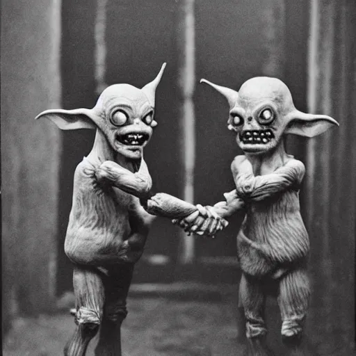 Prompt: two goblin demons shaking hands and looking at the camera, horror, nightmare, terrifying, surreal, nightmare fuel,