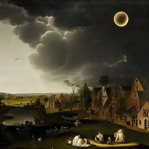 Image similar to dark solar eclipse, above a village, highly detailed, studio 4 k quality, by pieter claesz