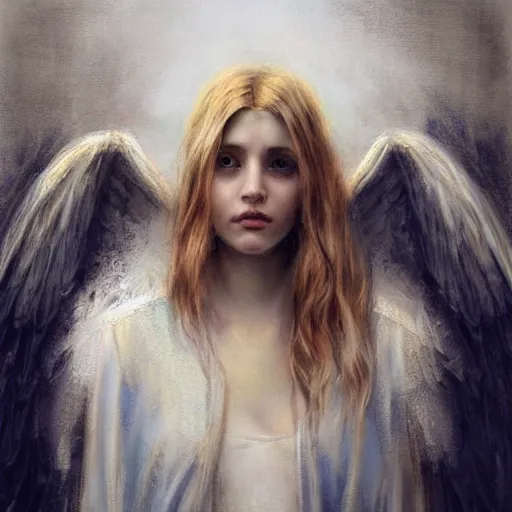 Prompt: an angel with long blond hair and giant wings, illustration, high detail, casey baugh