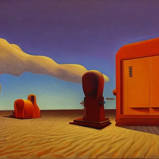 Image similar to refuge on arrakis, pj crook, grant wood, edward hopper, syd mead, chiaroscuro, oil on canvas