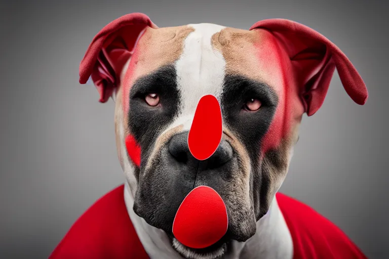 Image similar to a snarling pit bull wearing a clown mask and a red rubber nose, 4 k, hdr color