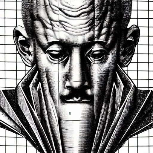 Image similar to grainy spray effect super conceptual figurative post - morden monumental portrait made by escher and piranesi, highly conceptual figurative art, intricate detailed illustration, illustration sharp geometrical detail, vector sharp graphic, controversial, manga 1 9 9 0