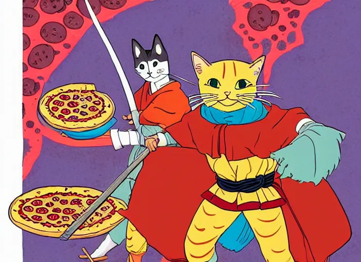 Prompt: cat samurai wearing pizza pizza costumes, illustration masterpiece, by ryan ottley and mœbius and hayao miyazaki and akira toriyama