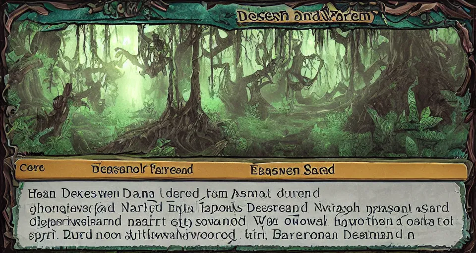 Image similar to A dense and dark enchanted forest with a swamp, from Hearthstone