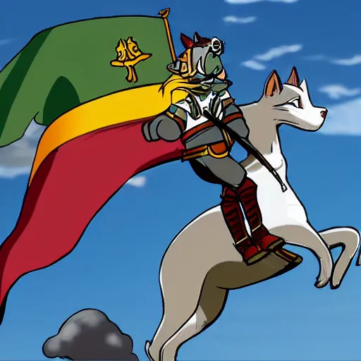 Prompt: a warrior cat carrying his battle flag while riding a large steed cat that is galloping into battle