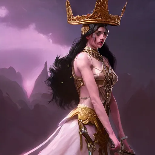 Image similar to portrait of a fantasy tall woman with black hair pale skin and a crown on her head, intricate baroque armour, glowing aura, trending on artstation, 4 k, greg rutkowski, concept art, matte painting,