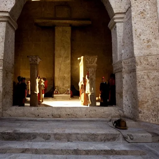 Image similar to cinematic still outside of the Jesus's tomb with stone rolled away, heavenly light coming from the opening, just before dawn, dynamic angles, miracle, magical, wondrous, Biblical epic movie directed by Ridley Scott