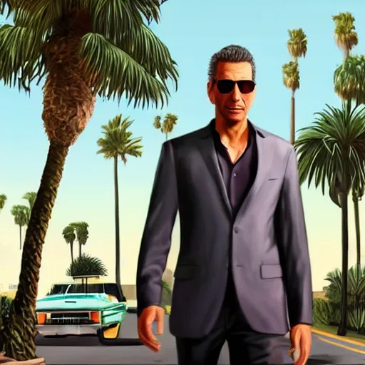 Image similar to Jeff Goldblum in GTA v. Los Santos in the background, palm trees. In the art style of Stephen Bliss