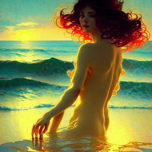 Image similar to ocean waves of glossy liquid psychedelic honey drops flowing like translucent amber, lsd waves, lsd ripples, backlit, sunset, refracted lighting, art by collier, albert aublet, krenz cushart, artem demura, alphonse mucha