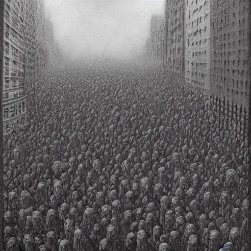 Prompt: massive zombie horde crowd in downtown new york, highly detailed beksinski charcoal painting