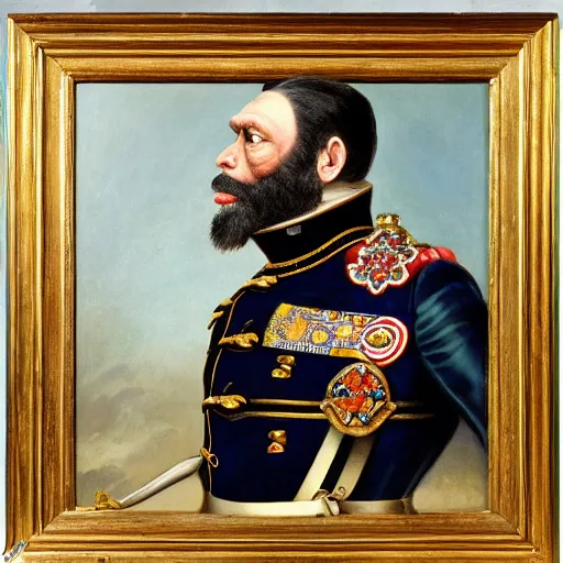 Image similar to An exquisite modern painting of a chimpanzee dressed like a bearded Napoleon with correct military uniform, no frames