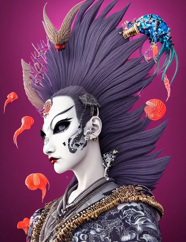 Image similar to 3 d goddess close - up profile portrait punk with mohawk in victorian style with ram skull. beautiful intricately detailed japanese crow kitsune mask and clasical japanese kimono. betta fish, jellyfish phoenix, bio luminescent, plasma, ice, water, wind, creature, artwork by tooth wu and wlop and beeple and greg rutkowski