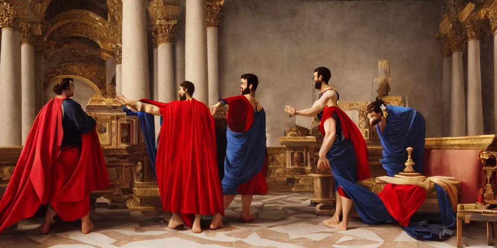 Image similar to beautiful oil matte portrait painting, men dressed in red capes and golden ornaments arguing inside a roman temple, wonderful masterpiece highly detailed, beautiful cinematic light deep focus, elegant, digital painting, smooth, sharp focus, golden ratio, dramatic illumination, ultra realistic, 8 k, art by artemisia lomi gentileschi and caravaggio