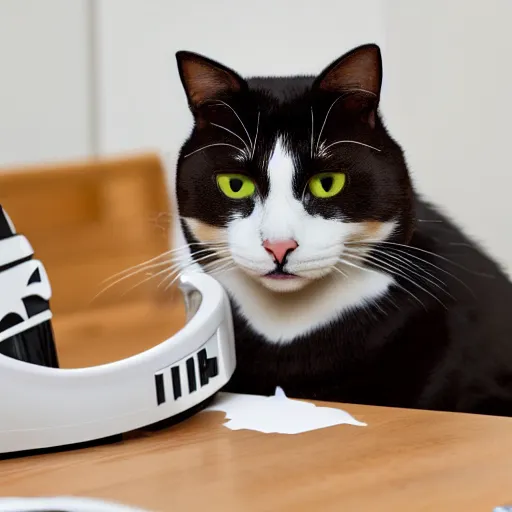 Image similar to a cat wearing a stormtrooper helmet while on the kitchen table, 40nm lens, shallow depth of field, split lighting, 4k,