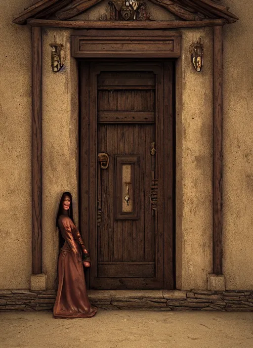 Prompt: a wooden womans faced carved into a wooden door, intricate Details, raphael lacoste, eddie mendoza, alex ross, john howe, concept art, matte painting, highly detailed, rule of thirds, dynamic lighting, cinematic, detailed, denoised, centerd, clean render