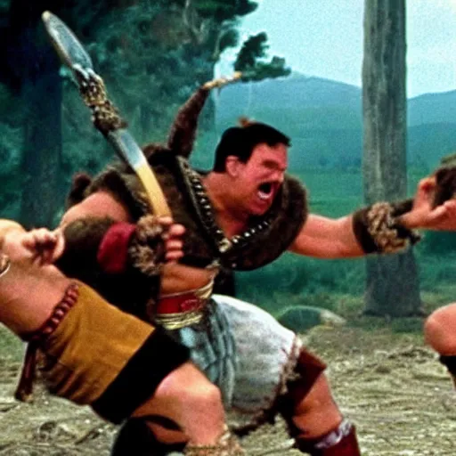 Prompt: Astérix and Obélix fighting roman soldiers in American Psycho (1999)