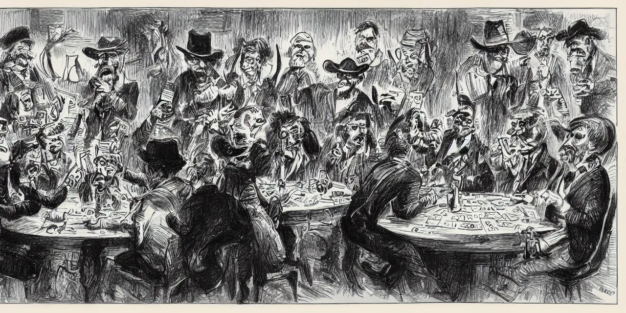 Prompt: caricature sketch by r. crumb, theme of insects dressed as cowboys playing cards while seated around a round table in front of a stage show 1 8 7 0