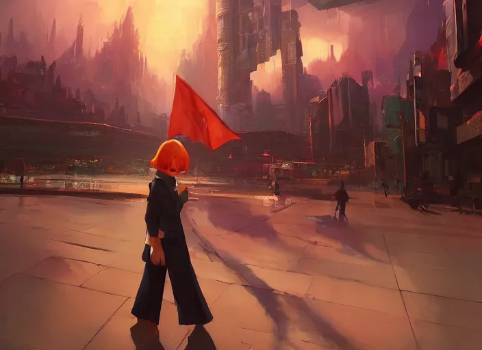 Image similar to gorgeous inspiring girl waving a red flag over her head enthusiastically walking through Mandelbrot fractal futuristic bustling utopian city by Craig Mullins, ilya kuvshinov, krenz cushart, artgerm trending on artstation by Edward Hopper and Dan Mumford and WLOP and Rutkovsky, Unreal Engine 5, Lumen, Nanite