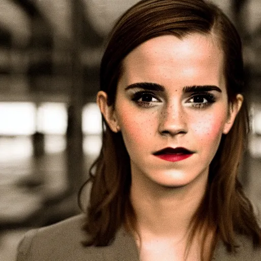 Image similar to photo, close up, emma watson in warehouse, dim light, low light, fog, android cameraphone, snapchat story screenshot, 2 6 mm,