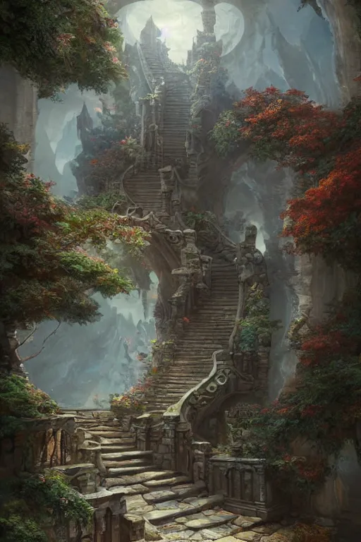 Prompt: matte glossy painting of stone steps fantasy leading do a portal, artstation by emilia dziubak, will terry, greg olsen, chris mars, ann long, and mark brooks, gret ritkowski dramatic, architecture, colorful final fantasy architecture