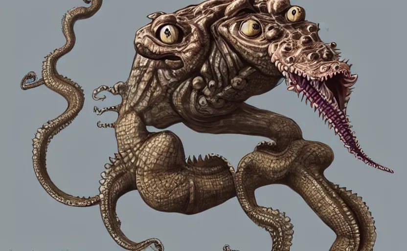 Image similar to crocodile octopus monster, legs, maw, character design, concept art, artstation