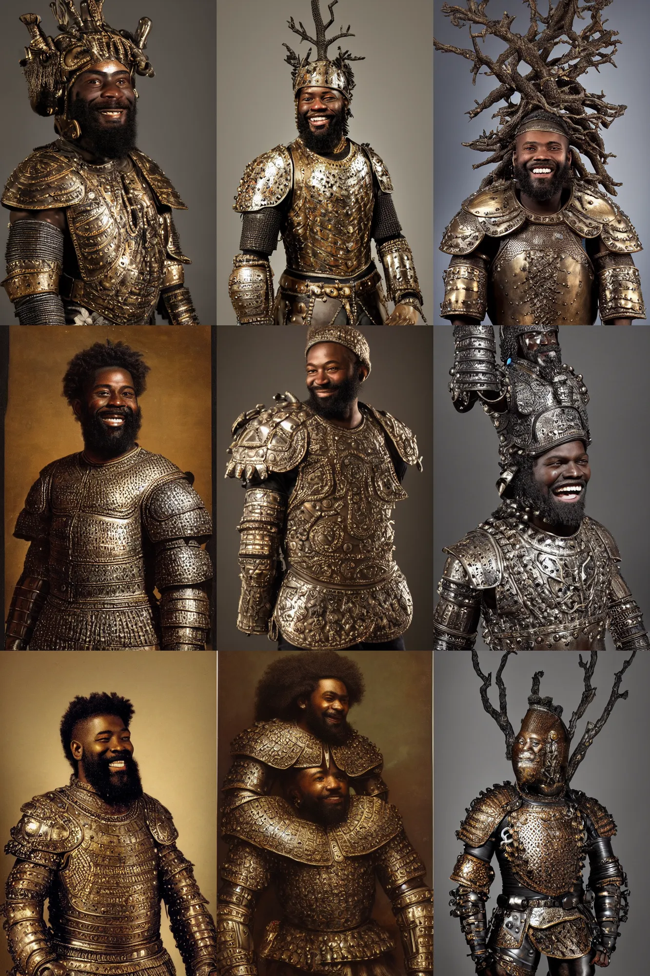 Prompt: portrait of a young African American rugged young man, thick black beard, big muscles, big smile. intricate bronze armour decorated with with gems. Engraved with a tree. cinematic lighting, highly detailed, full body shot. By Rembrandt.
