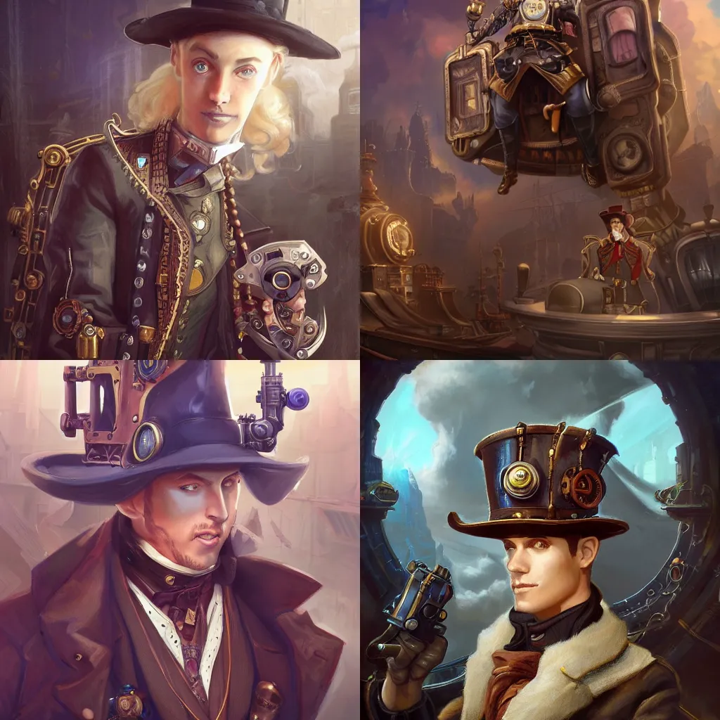 Prompt: a portrait of a noble male in hat in the center, posing with revolver on steampunk spaceship on background, by tyler edlin and lindsey look, victorian, concept art, steam romance, adventure, jonathan winterhart, detailed, 4k resolution, trending on artstation