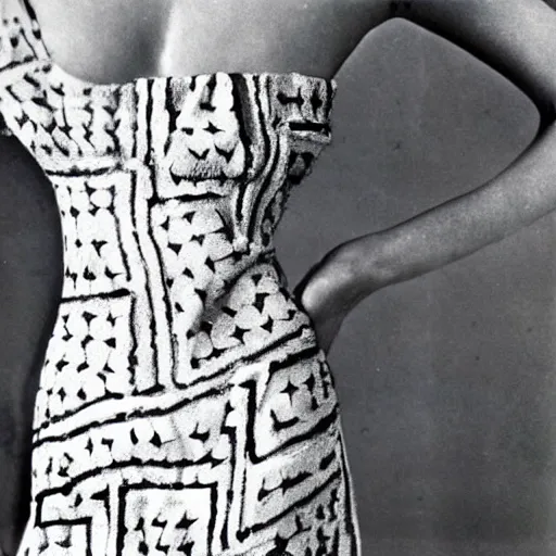 Image similar to close up of a dress with print of a female body ,Photographed by Henry Clarke, Vogue, January 1965, highly detailed