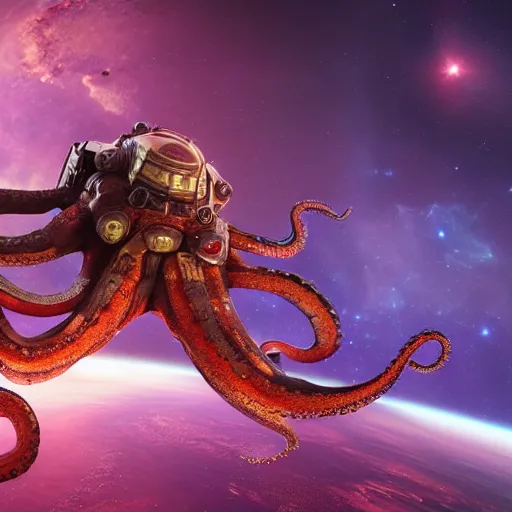 Image similar to An octopus wearing a spacemarine armor in outer space, spacecraft, nebula, octane render, 3d, unreal engine, highly detailed, 4k, 8k